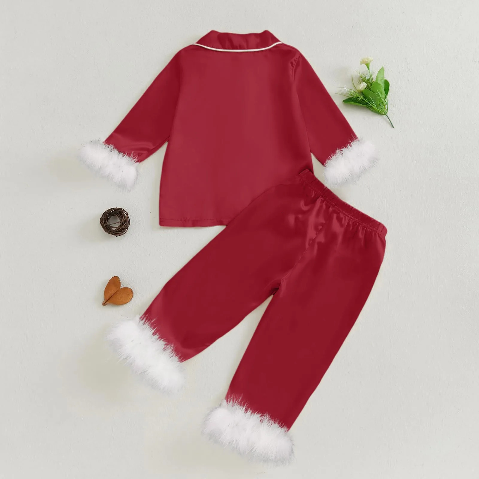 ChildrenS Autumn Home Clothes Girl Satin Feather Trim Button Up Pajamas Sleeper Silk Shirt Pant Toddler Long Pajamas Set Youth 250617