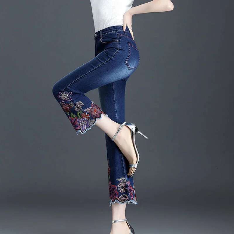 Trousers and Capris Womens Jeans High Waist Shot Straight Leg with Pockets Blue Pipe Pants for Women Cropped Embroidered Medium
