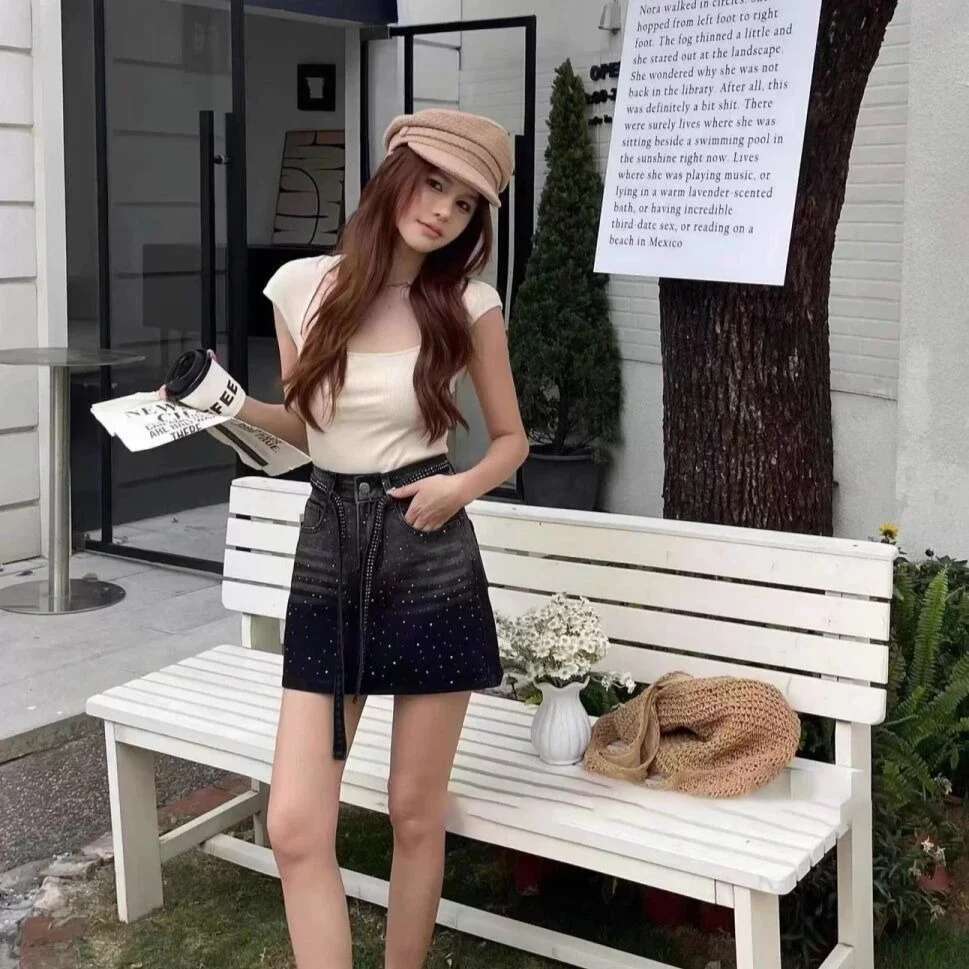 Woman Denim Skirt Sequin Tight Wrap Mini New in Streetwear Vintage Korean Fashion Luxury Elegant Short Jeans Skirts for Women