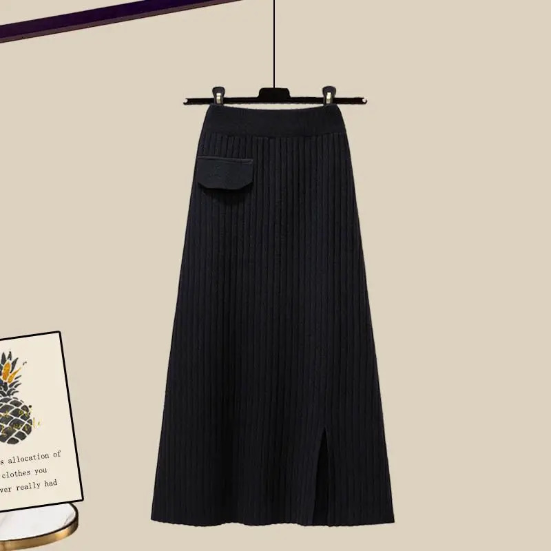 Large Womens Autumn and Winter Set Loose Shawl Shirt High Waist Knitted Half Skirt Three Piece Set Fashion 250616