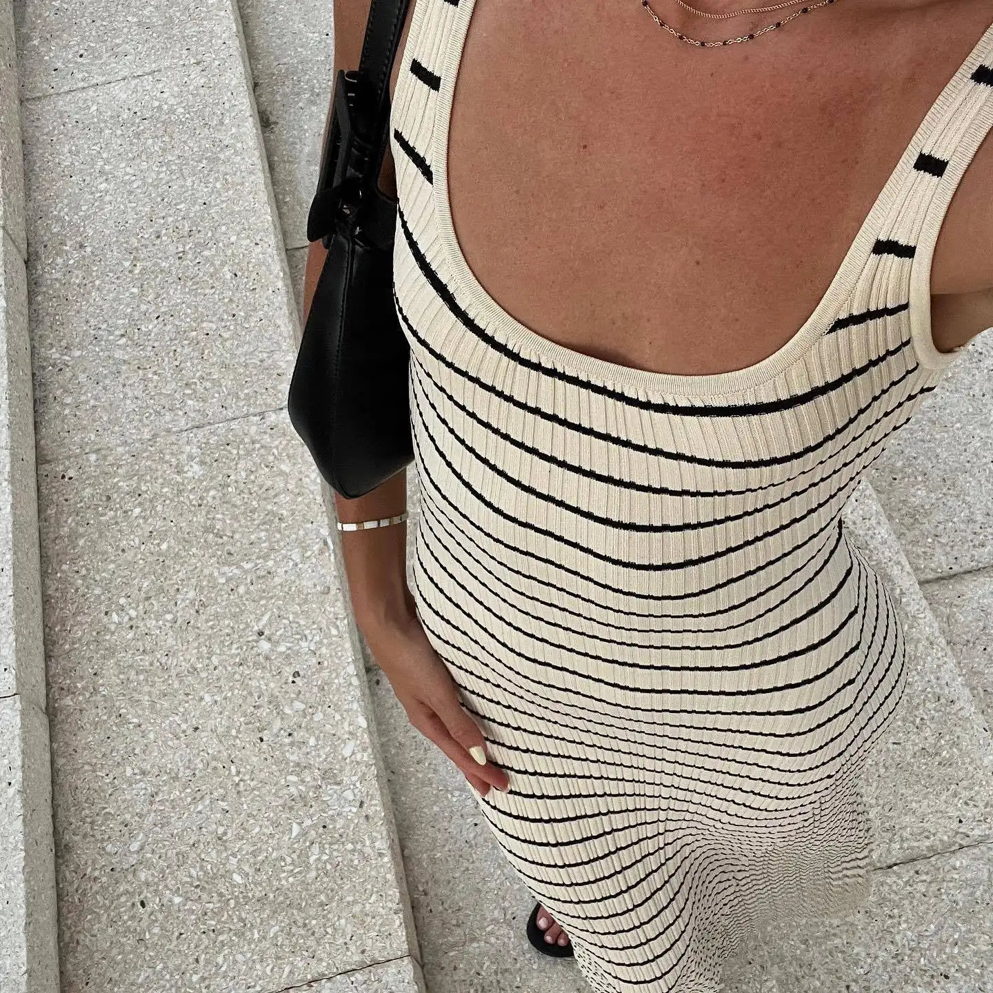 Striped vest color contrast European and American wind beach vacation sexy long skirt knitted pit strip long dress summer girl 250616
