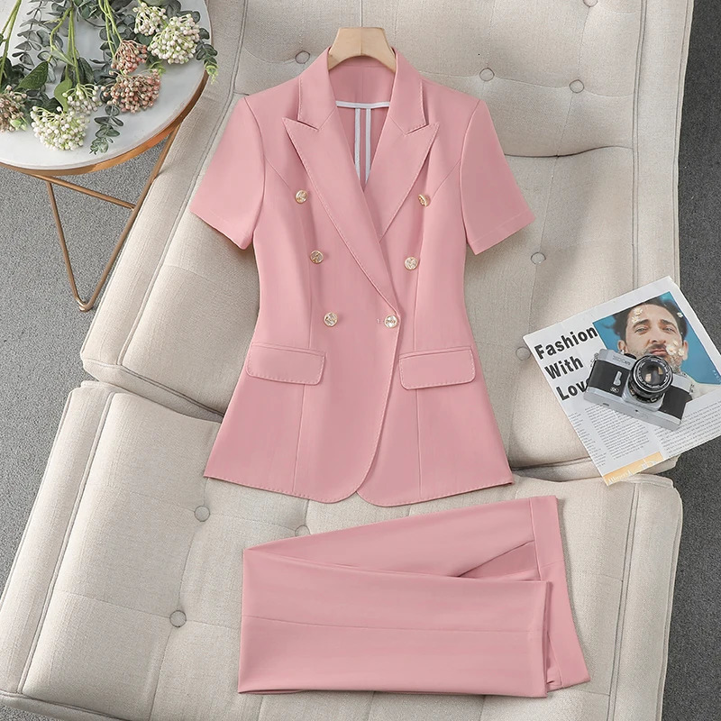 ZJYT Fashion Spring Summer Pant Suit Women Office Business Formal Short Sleeve Blazer Trousers Set 2 Piece Outfit Pink Plus Size 250612