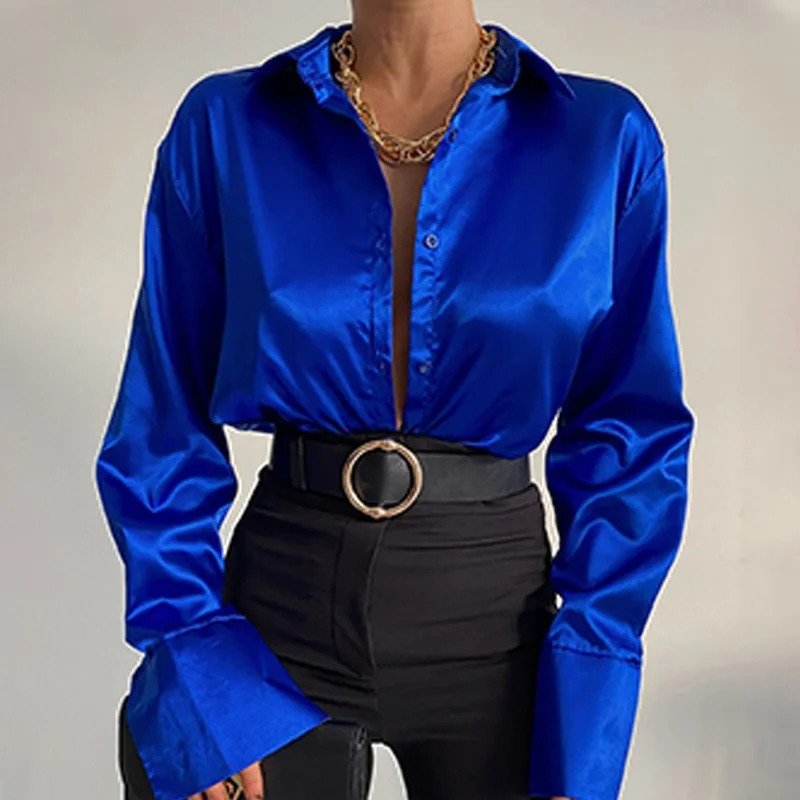 Fashion Elegant Satin Blouse Long Sleeve Solid Color Silk Shirt Casual Blue Tops Vintage Office Women Clothes Blusas Mujer 22717 250616