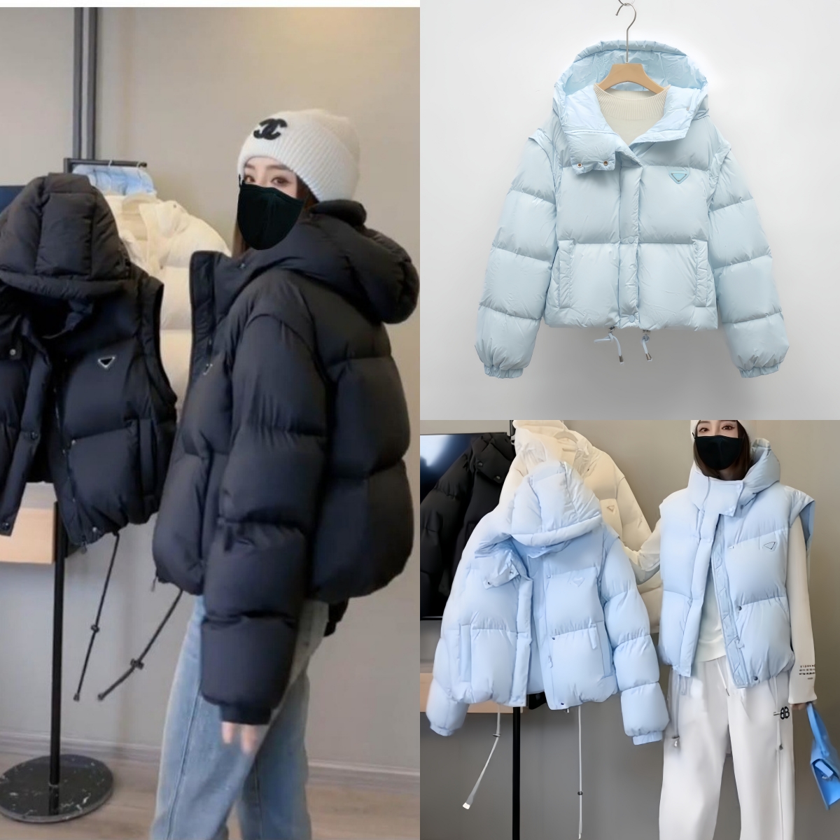 Fashion Removable Sleeve Hooded Down 2025 New Hot Designer Coat Women Black White Sky Blue Jacket Tops