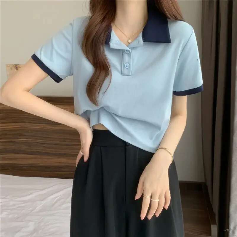 Summer Outfit Womens Polo Shirts Slim Female Tee Y2k Fashion Youthful Elegant Korean Clothing Casual Tops Synthetic T-shirts