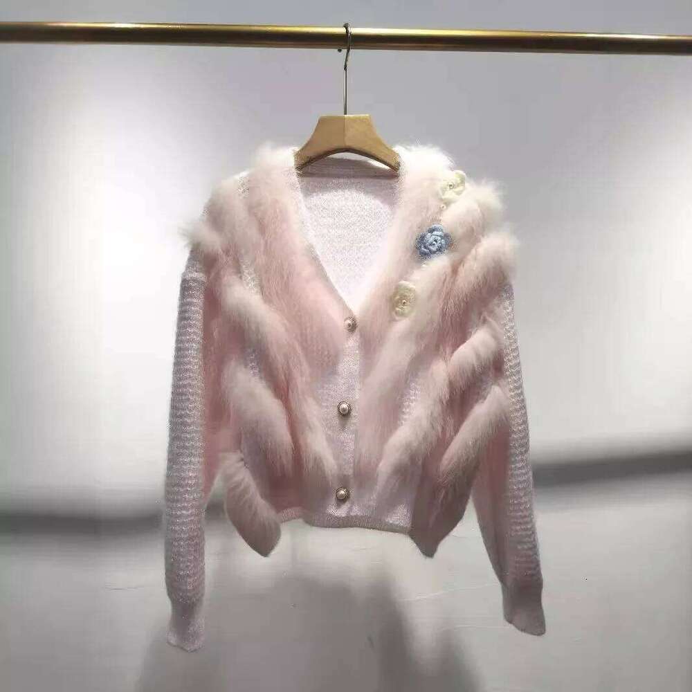 2024 Women Spring Autumn Lady's Fashion Cardigan With Natural Real Knitted Oversize Coat Fox Fur Decoration Sweater