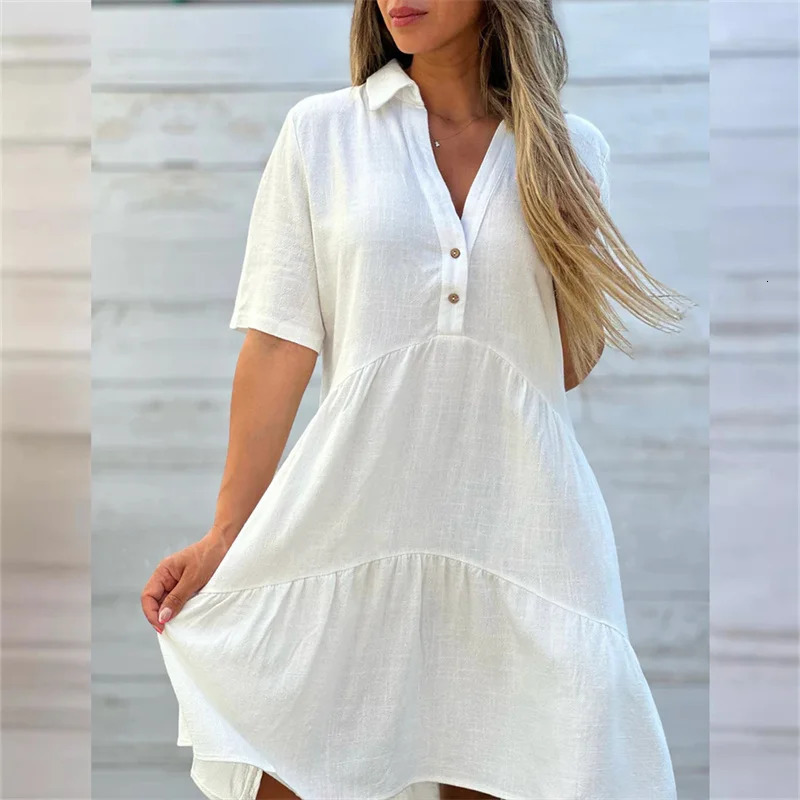 Women Cotton Linen Solid Color Dresses Lapel Button Patchwork Dress Summer Casual High Waist Short Sleeves Female Gown 250529