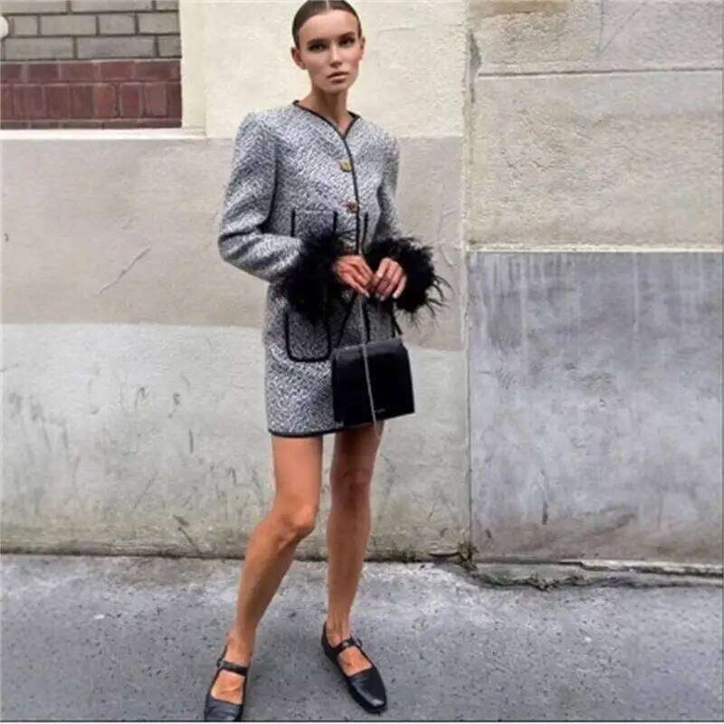 Elegant Contrast Mink Sleeve Braided Coat High Waist Suit Single-Breasted Knitted Top with Patchwork Fur A-line Skirt