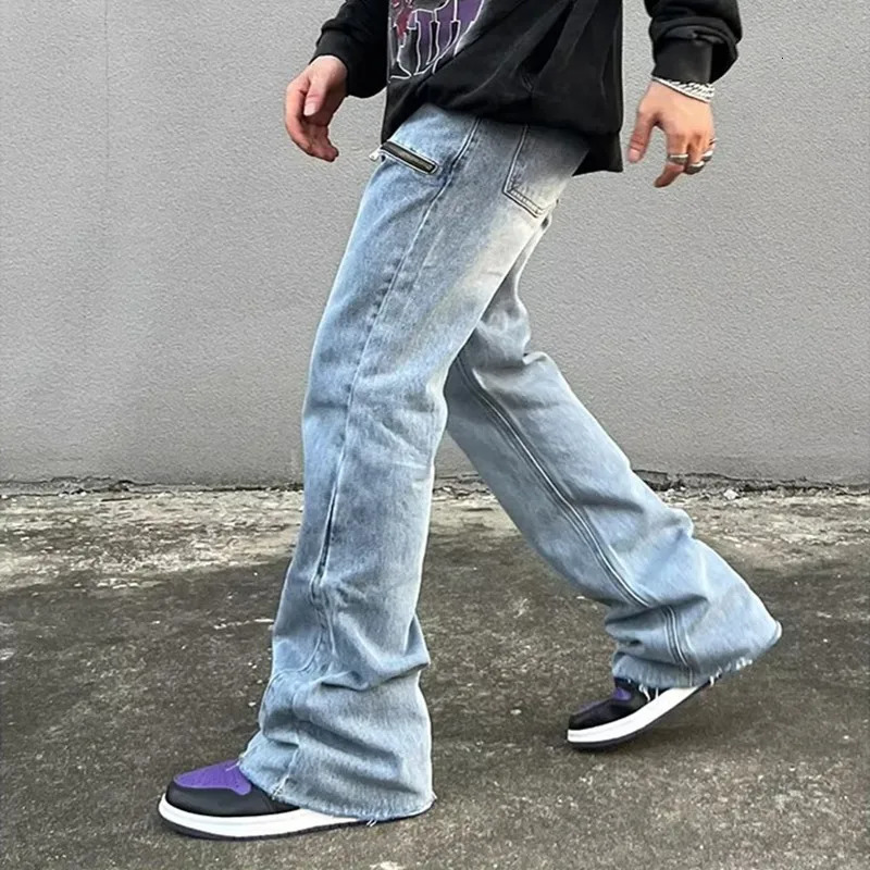 Y2K Fashion Zipper Retro Washed Baggy Flare Jeans Pants Men Streetwear Hip Hop Wide Leg Straight Denim Trousers Ropa Hombre 250616
