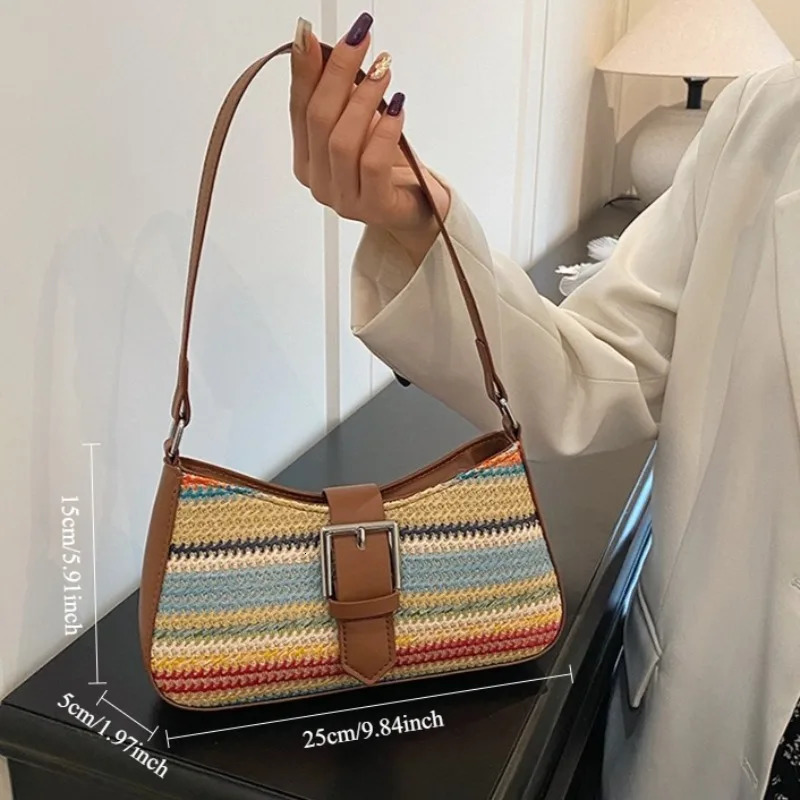 Fashion Rainbow Grass Woven Shoulder Bag Ladies Banquet Bag Spring Light Shoulder Bag with Armpit Bag 250614