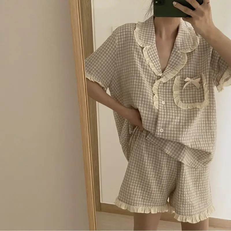 Korean Pajama for Women Summer Loungewear Sleepwear Sets Girls Sweet Plaid Lapel Pyjama Kawaii Ruffle Pijama Japanese Home Suit 250616