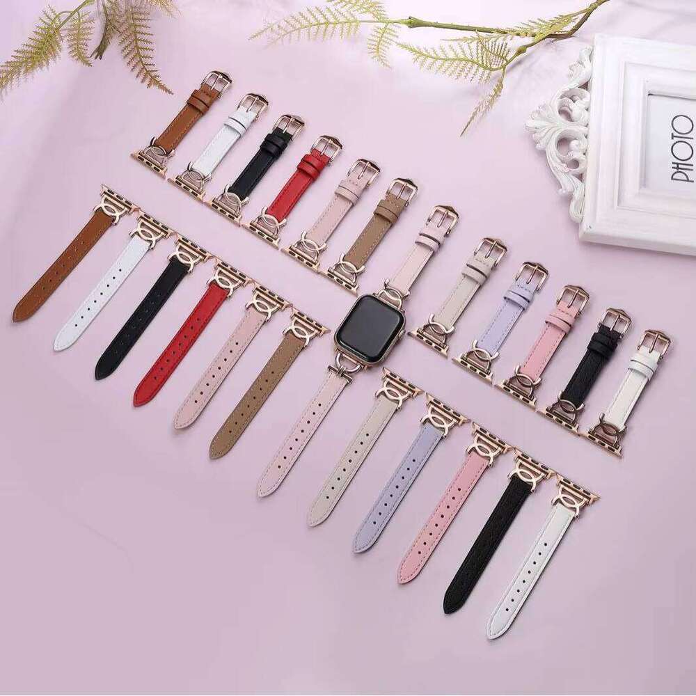 DHgargets Slim Metal C Buckle Strap Apple Watch Series 9 8 7 6 SE Women Leather Band for watch 5 4 Classic Design