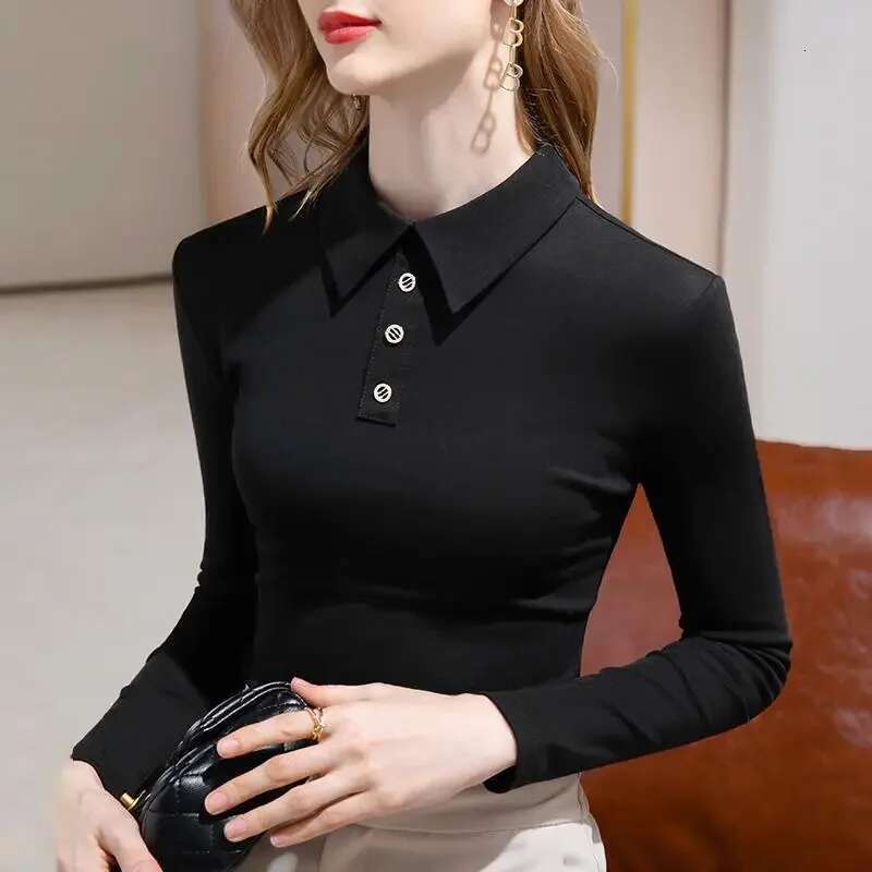 Polo Neck T Shirt for Women Basic Woman Tshirt Commute Tops Korean Clothing Fashion 2025 Popular Clothes High Quality Pretty Y2k