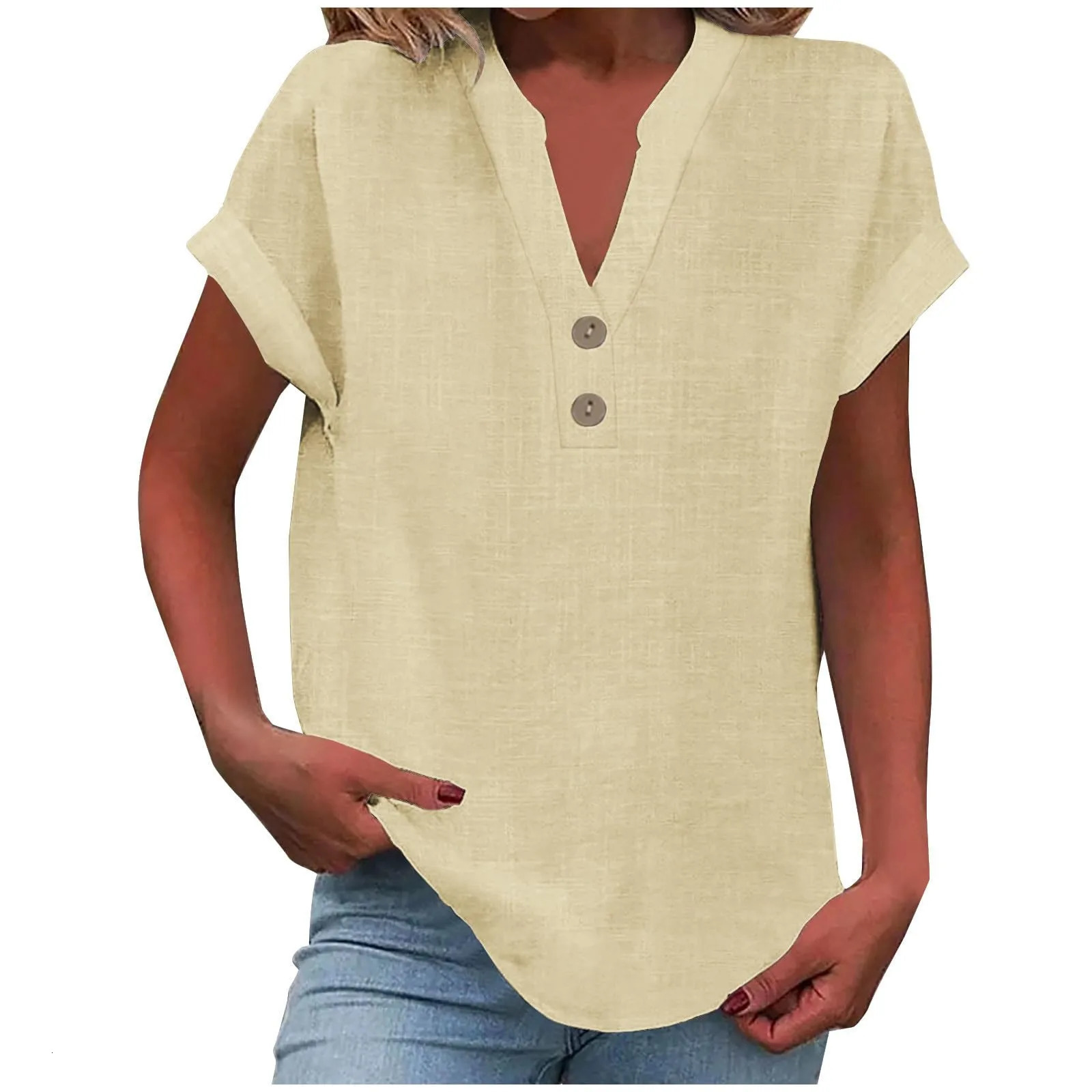 2025 Summer Cotton Linen Breathable Solid Color Button Down V-neck Shirt Basic And Versatile Casual Comfortable Lady Office Tops 250614
