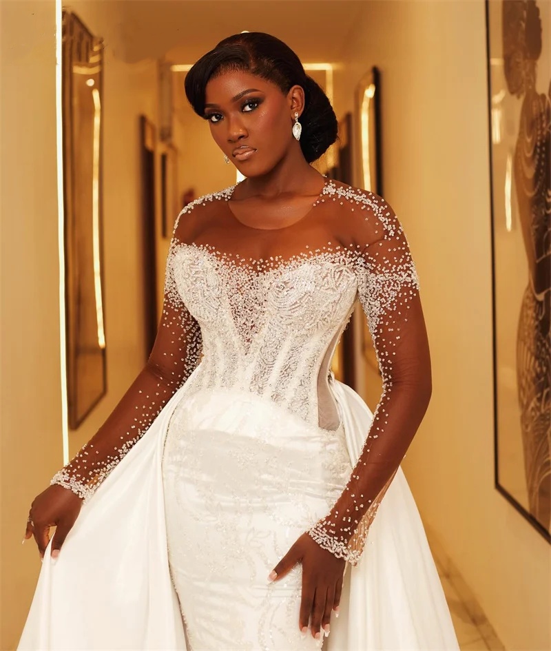Fashion Wedding Dresses O Neck Beading Bridal Gowns with Detachable Train Mermaid Rhinestone Long Sleeves Customized Bride Vestidos De Novia Plus Size