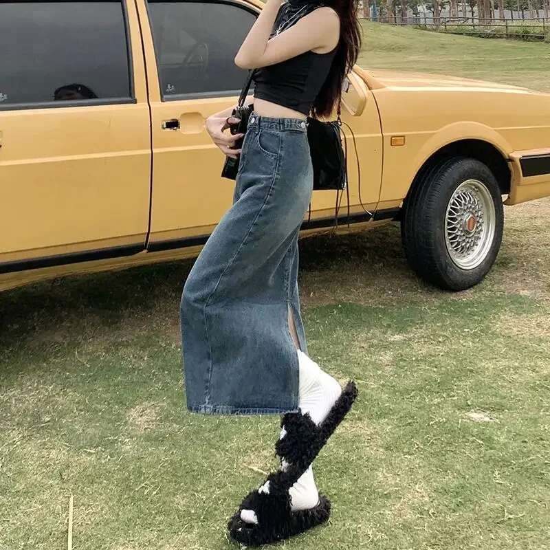 Korean Fashion With Slit Midi Woman Denim Skirt Chic and Elegant Harajuku A Line Luxury Cheap Premium Jeans Skirts for Women