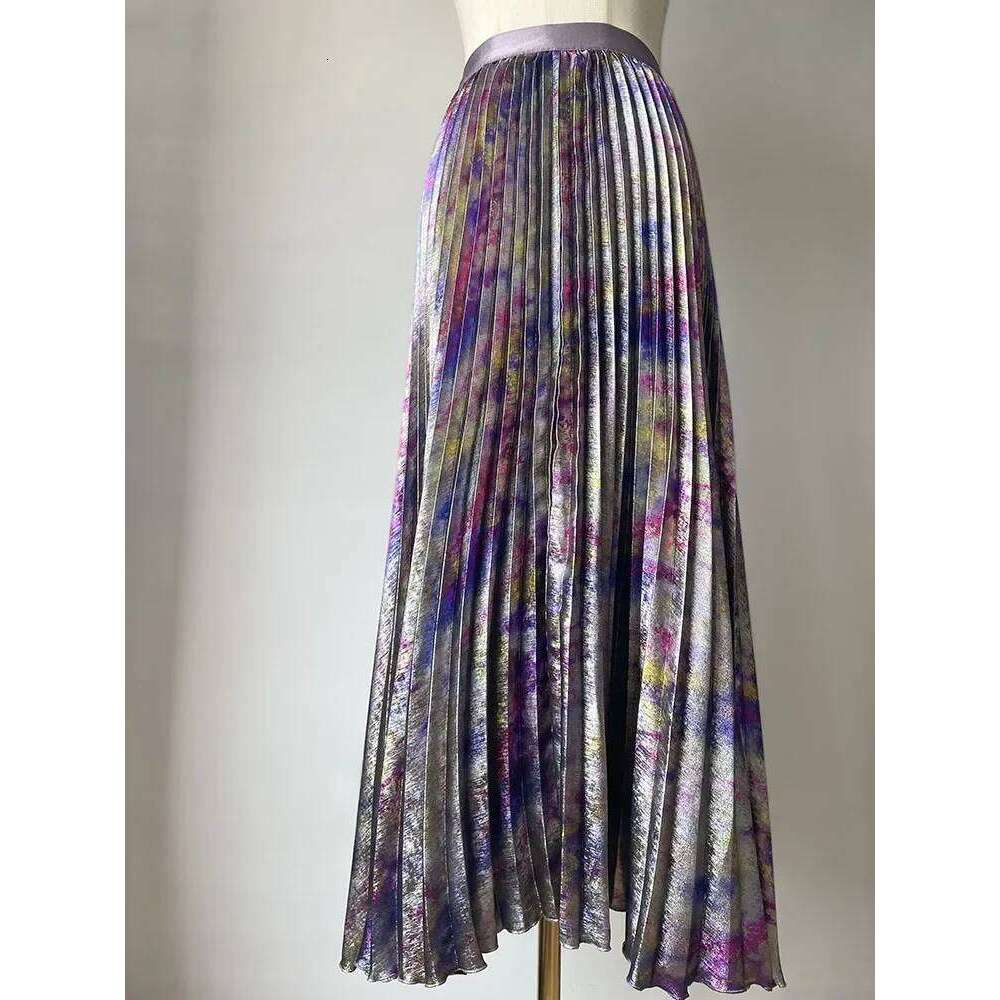 Shiny Colorful High Waist Midi Spring/Summer Fashion Trends Elastic Waistband Pleated Skirt Old Money Style