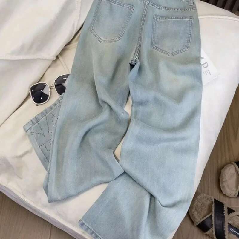 With Rhinestones Denim Pants for Women Straight Leg Woman Jeans Korean Popular Clothes 2025 Fashion Trend Streetwear Trousers