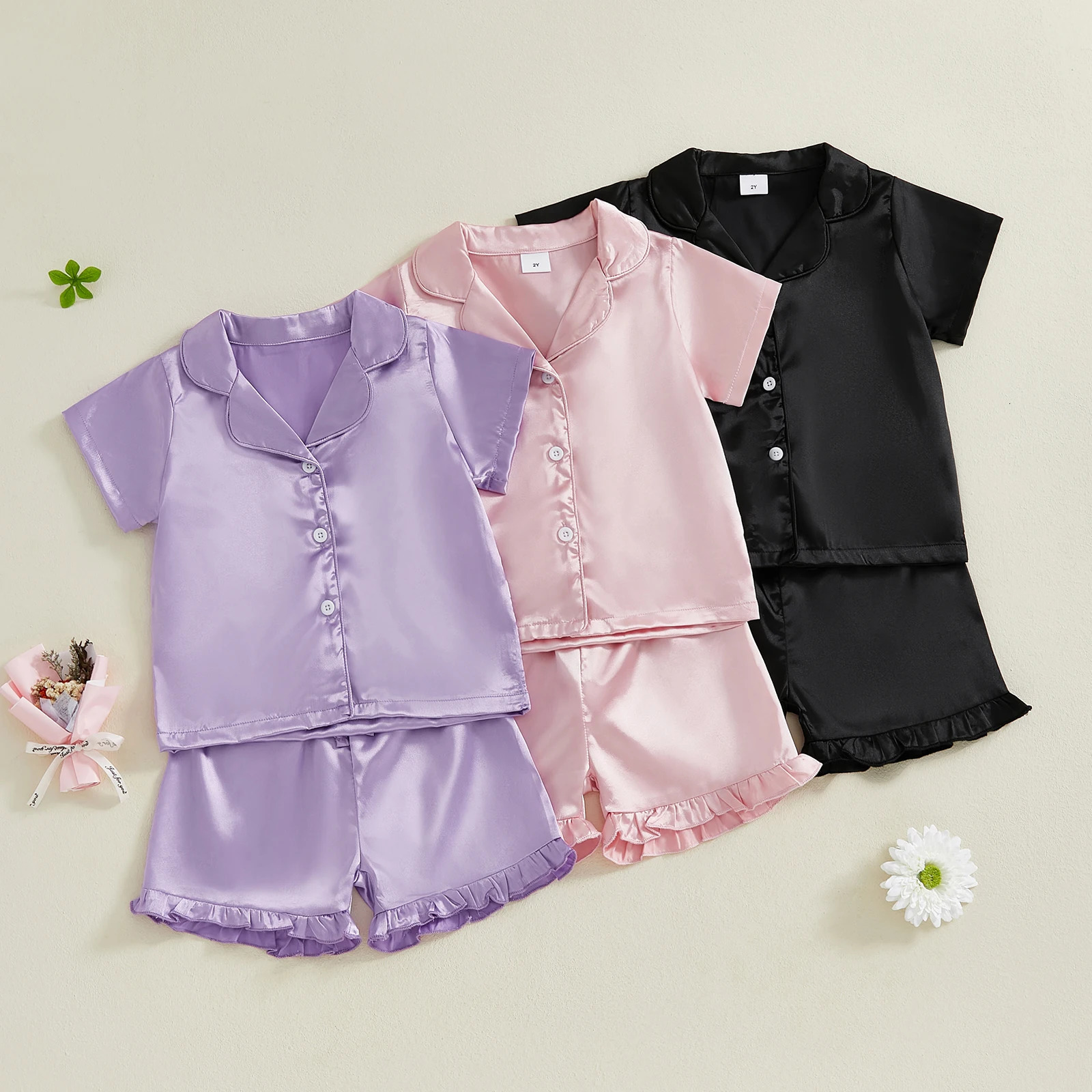 MISOWMNJOY Summer Baby Girls Pajamas Set Satin Silk Solid Color Button Lapel Short Sleeves T-Shirt Ruffled Shorts Kids Sleepwear 250617