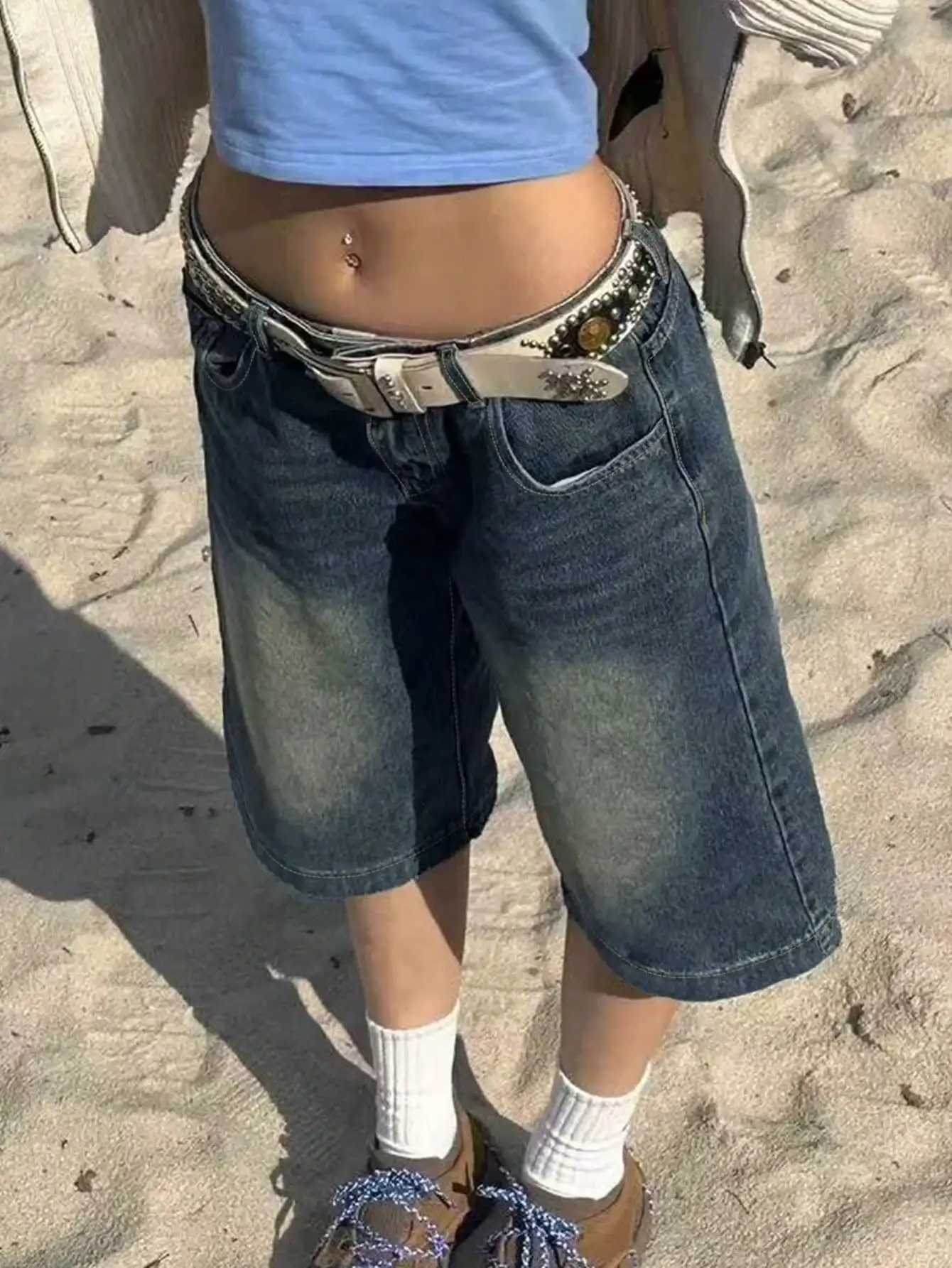 Y2K Street Vintage Drop Waist Slant Pocket Washed Cat Whisker Wide Leg Jorts Bermuda Denim Shorts Z250617