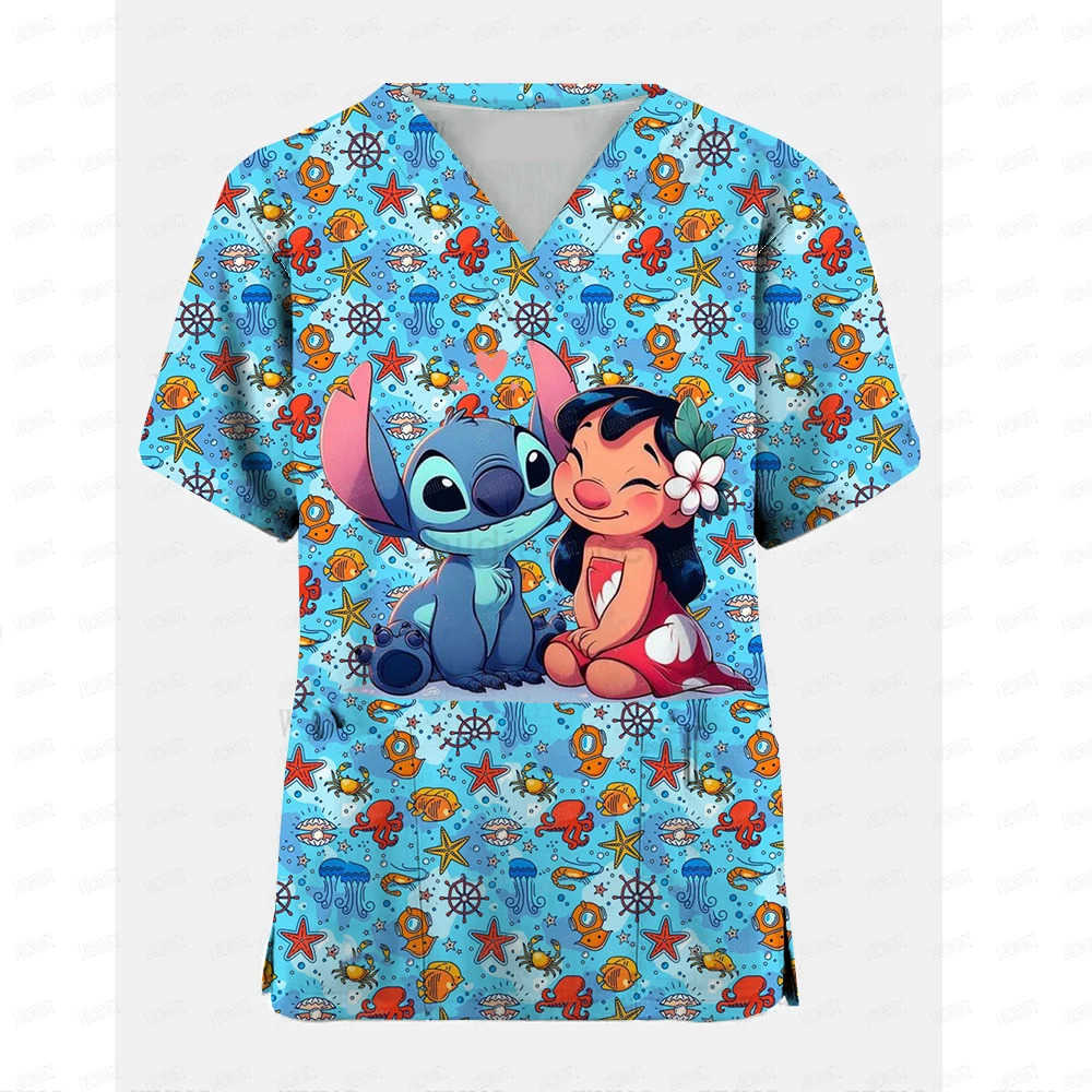 Disney Stitch V Neck Nurse Uniform T-shirt For Girls Womens Hospital Wear T Shirts Woman Pocket Clothes Lady Short Sleeve Top W250617