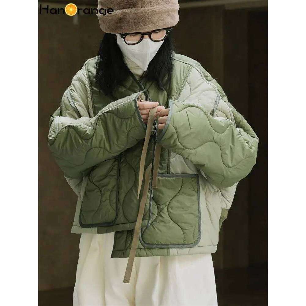 HanOrange 2024 Winter Color Contrast Cotton Padded Jacket Women Loose Light Casual Warm Parkas Female Sense Design Black/Green