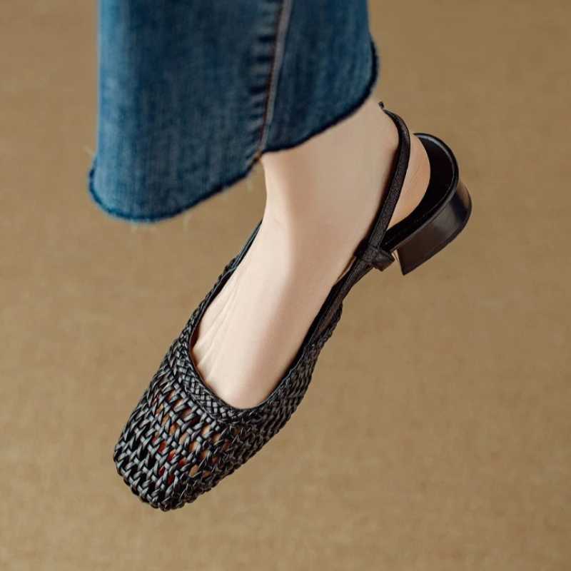 French Square-Toed Woven High-Heeled Sandals 2025 Summer New Skeletonized Fashionable Leather Fabric Mid-Heel Womens Shoes Z250617