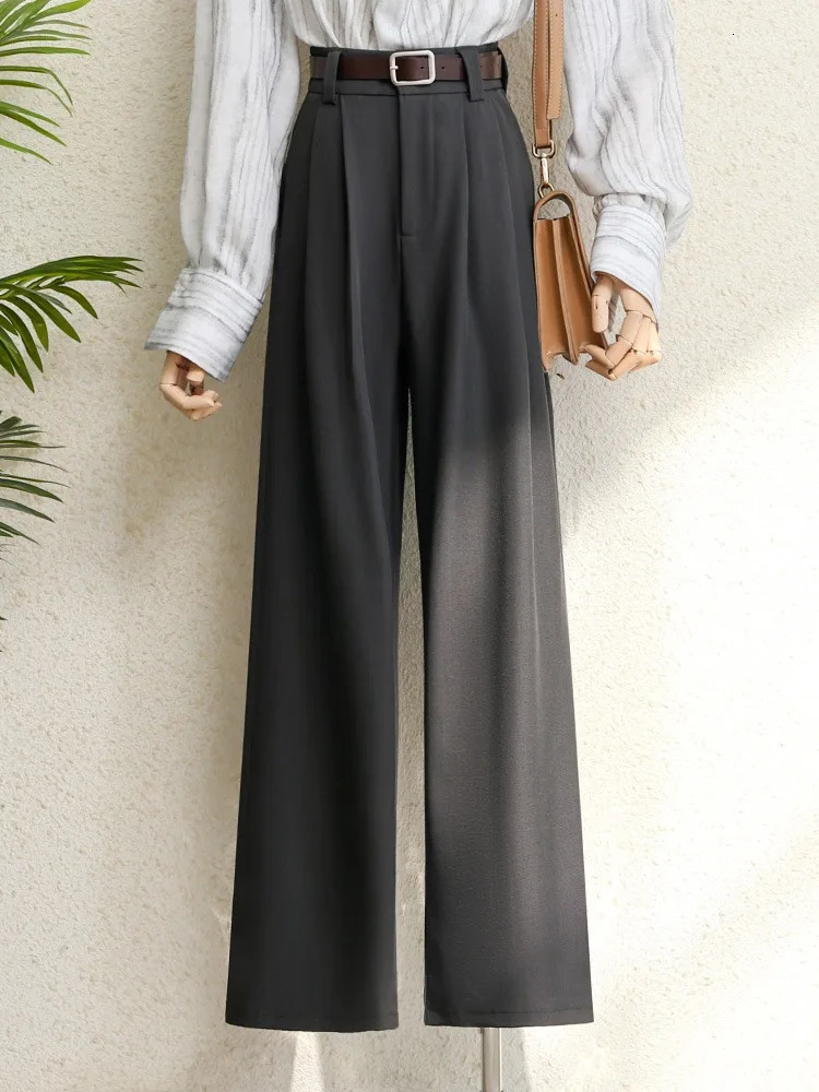 Spring 2025 Burgundy Suits Pants for Women Office Lady Elegant High Waist Wide Leg Fashion Trousers with Pockets Black Gray 250616