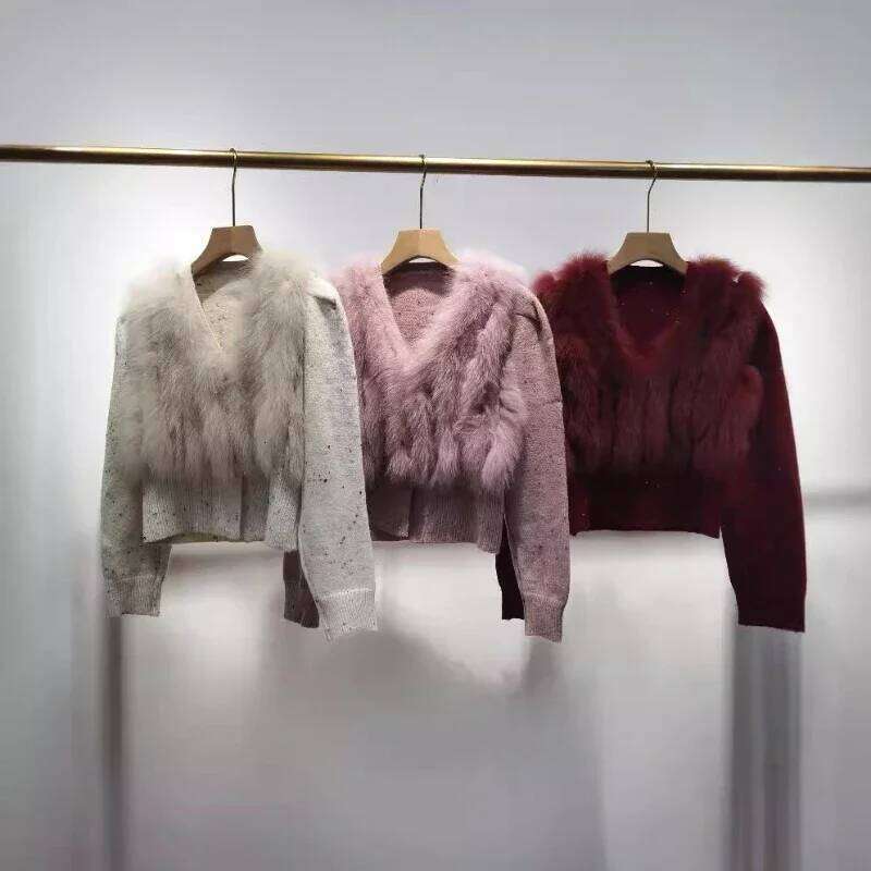 2024 Women Knitted Sweater Coat With Real Fox Fur Loose Long Sleeve V-neck Cardigan Jacket Female Warm Outwear