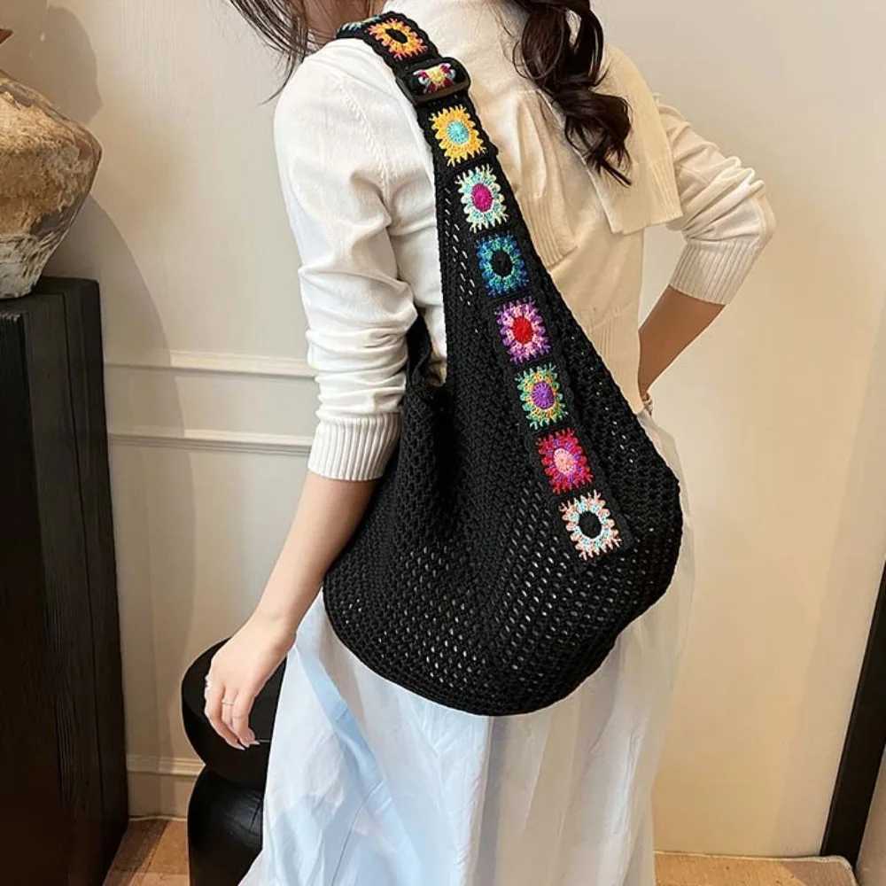 Large Capacity Crochet Tote Bag Ethnic Style Flower Hollow Woven Bag Embroidered Strap Lightweight Knitting Handbag Female Z250617