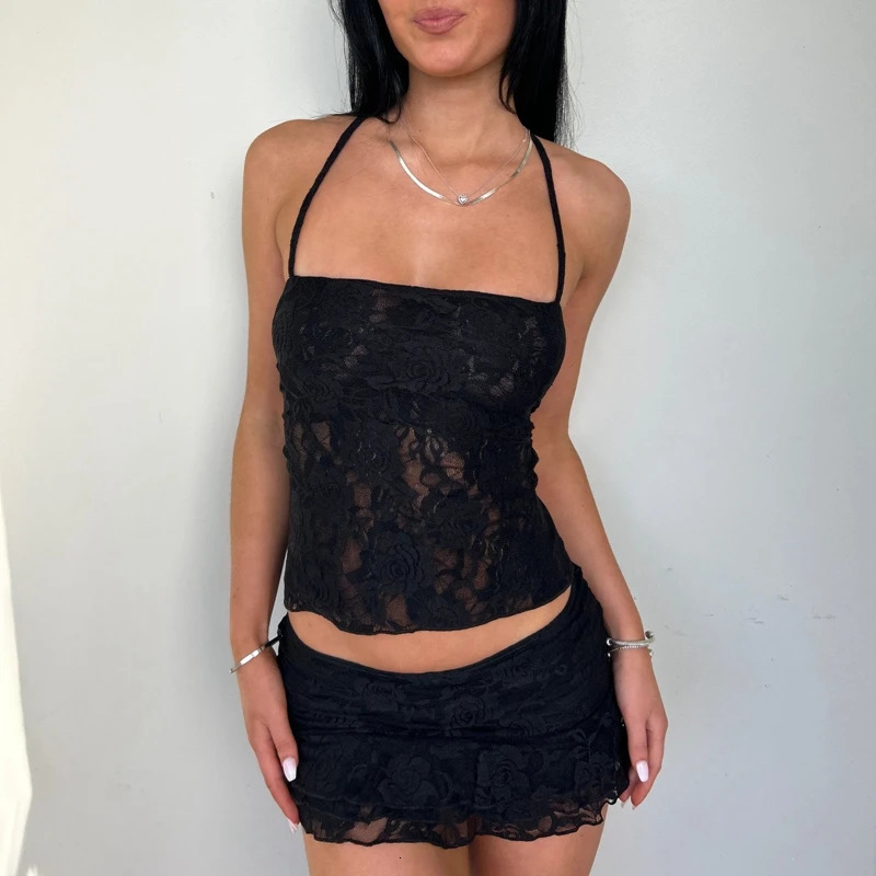 2 Piece Set Women Lace Outfit Y2k Fairy Coquette Tie-up Backless Crop Tops Low Rise Mini Skirt Festival Party Club Matching Suit 250617
