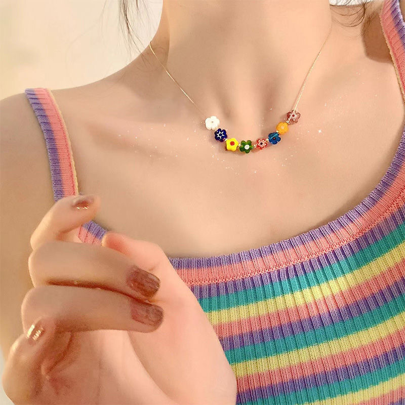 Fashion Light Simple Unique Design Colorful Glass Flower Necklace for Women Titanium Steel Non-Fading Jewelry