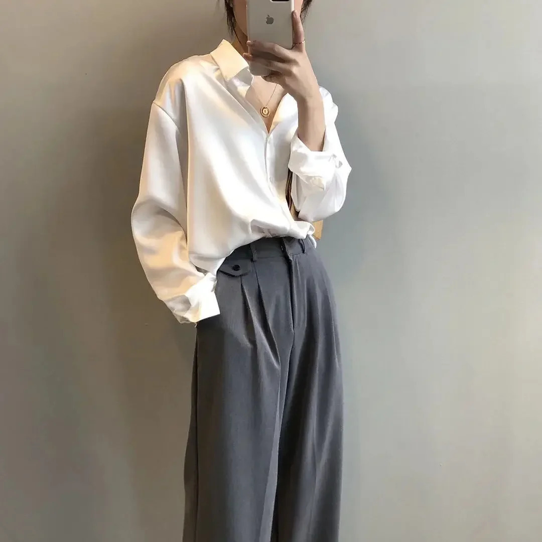 Silk Korean Office Ladies Elegant Shirt Blouse Women tops Fashion Button Up Satin Shirt Long Sleeve Shirts Tops Femme camisas 250616