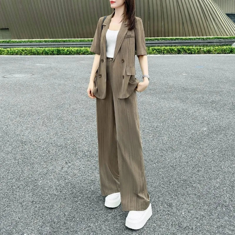 Summer Women Workwear Matching Sets Office Lady Casual Loose Short Sleeve Blazers Pants Outfits Jackets Trousers Suits 250612