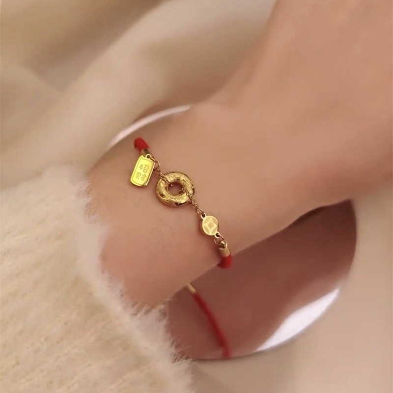 Titanium Steel Fashion Red Rope Wealth Fortune Character Coin Simple Style Niche Gold Clavicle Bracelet