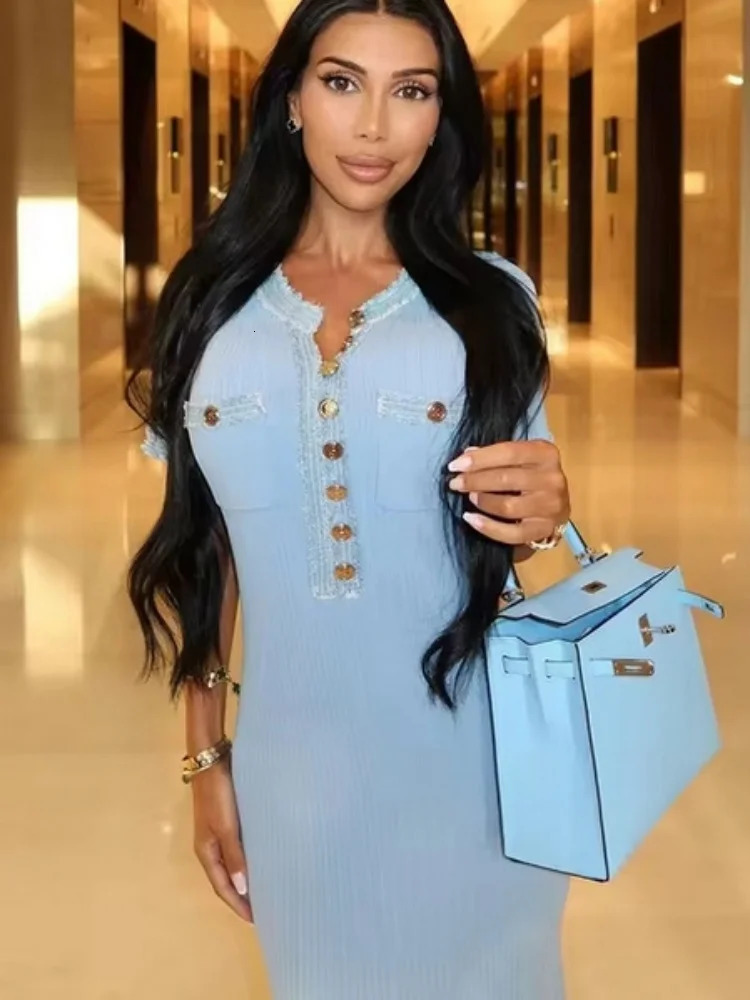Elegant Contrasting Women Knit Maxi Dress Chic O-neck Short Sleeve Metal Buttons Bodycon Dresses Office Lady Commuting Robe 250616