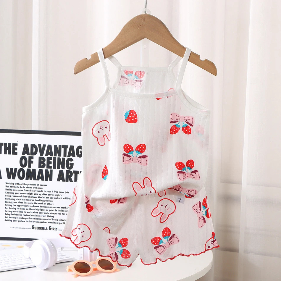 Summer Girls Sleeveless Childrens Pajamas Sets Strap Sleepwear Pants Skirt Thin Kids Baby Loungewear Set Childrens Top Clothes 250617