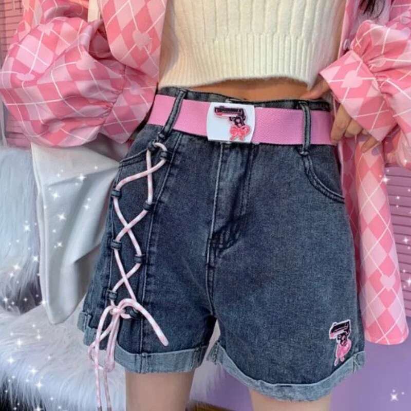 Kawaii High Waist Denim Shorts for Women Low Price Youthful XL Japanese 2000s Style Y2k Vintage Elasticty Short Jean Pants Woman