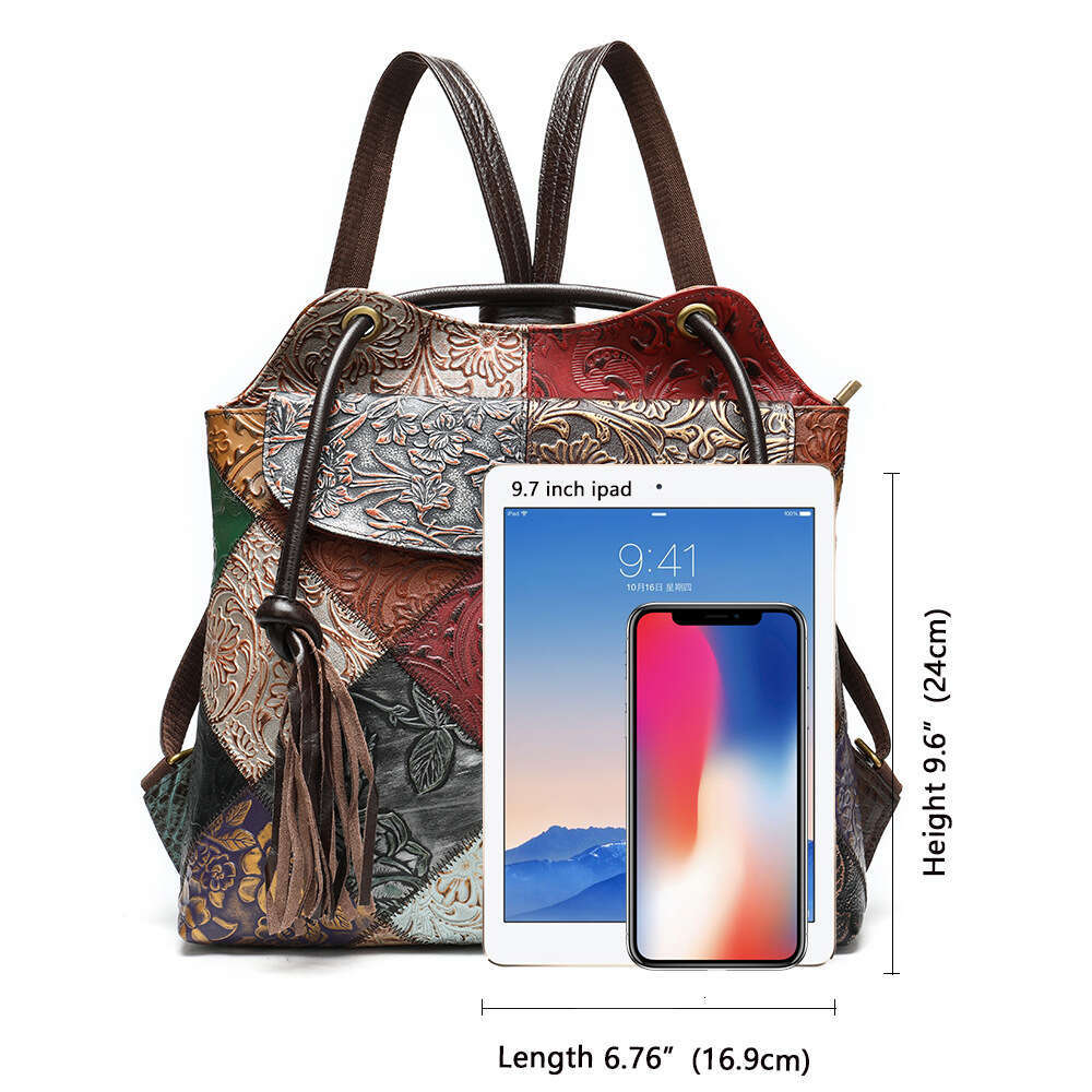 Genuine Leather Women's Bag Ethnic Style Ladies Patchwork Cowhide Large Capacity 13.3Inch Laptop Backpack