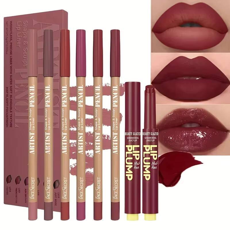 7pcs Makeup Liner Set + Lip Matte Waterproof Long lasting Lipliner Pen Moisturizing Jelly Lipstick happy