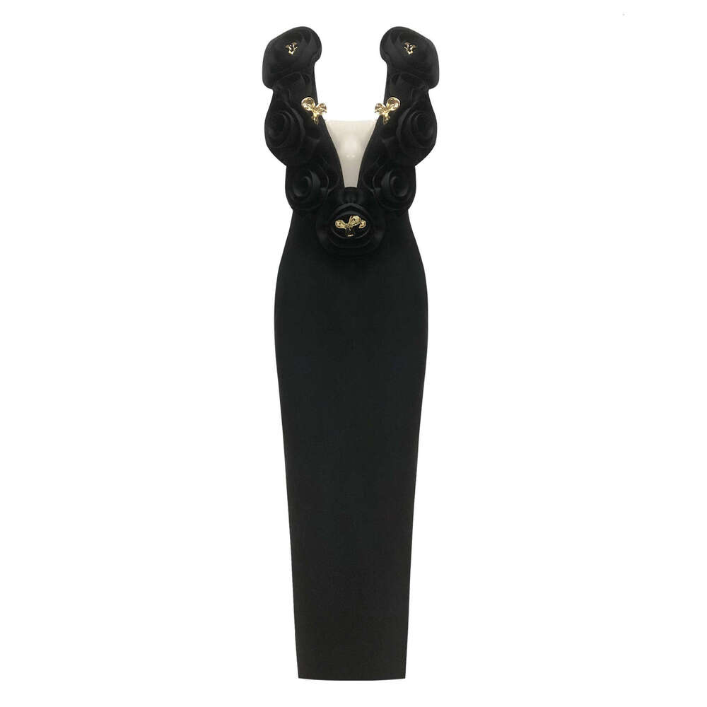 Spring/Summer New Fashion Sexy Sleeveless Floral Slim Waist Black Long Bandage Dress