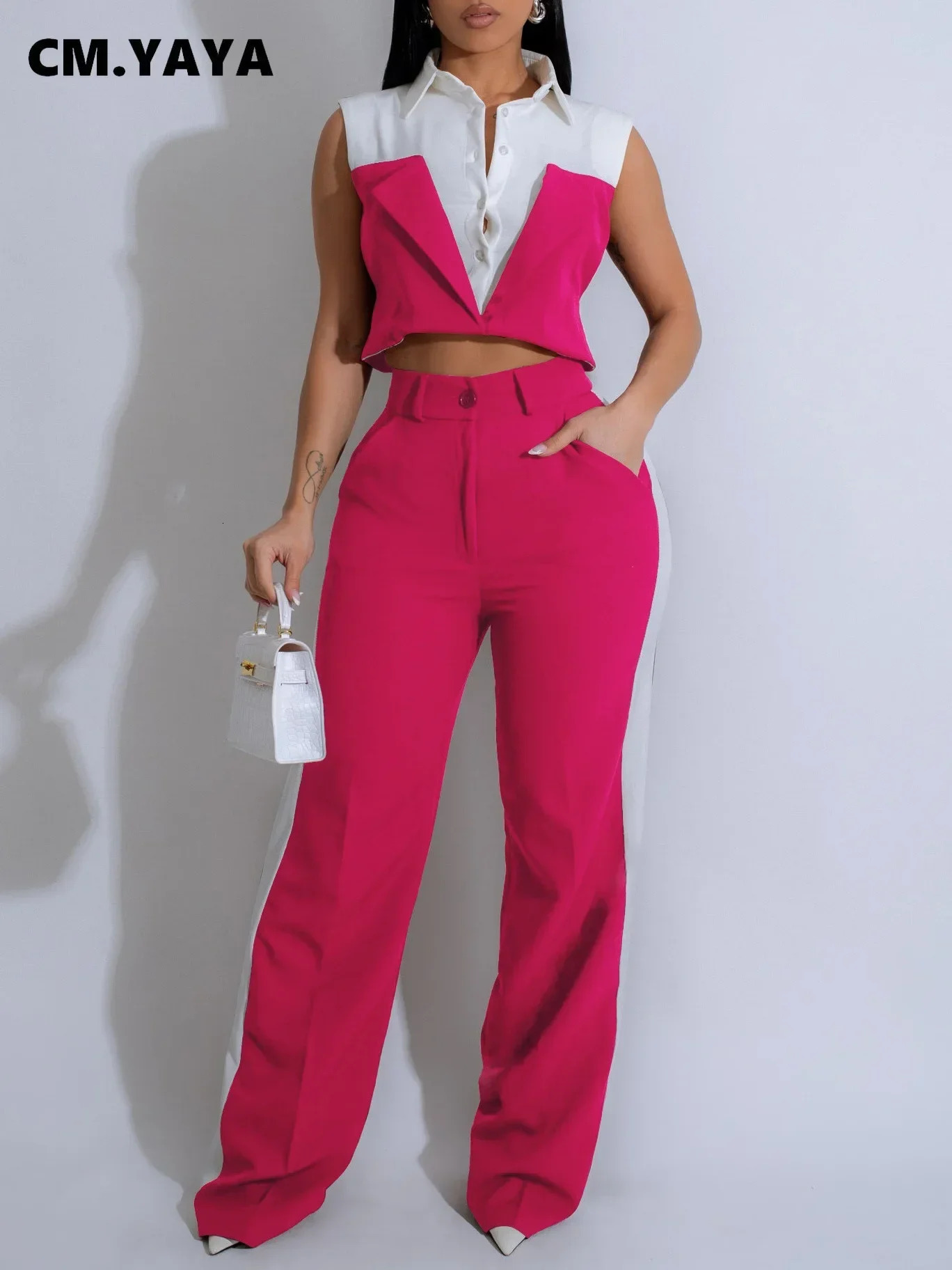 CMYAYA Womens Set Sleeveless Blazer Vest Shirt Wide Leg SweatPants OL Work street Two 2 Piece Sets Outfits Tracksuit 250612