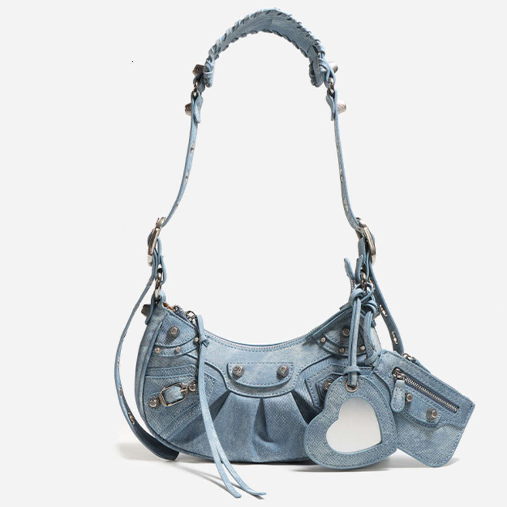Genuine Leather Denim Blue Spicy Girl Motorcycle High Quality Underarm Crossbody Bag for Women with Tassels and Rivets