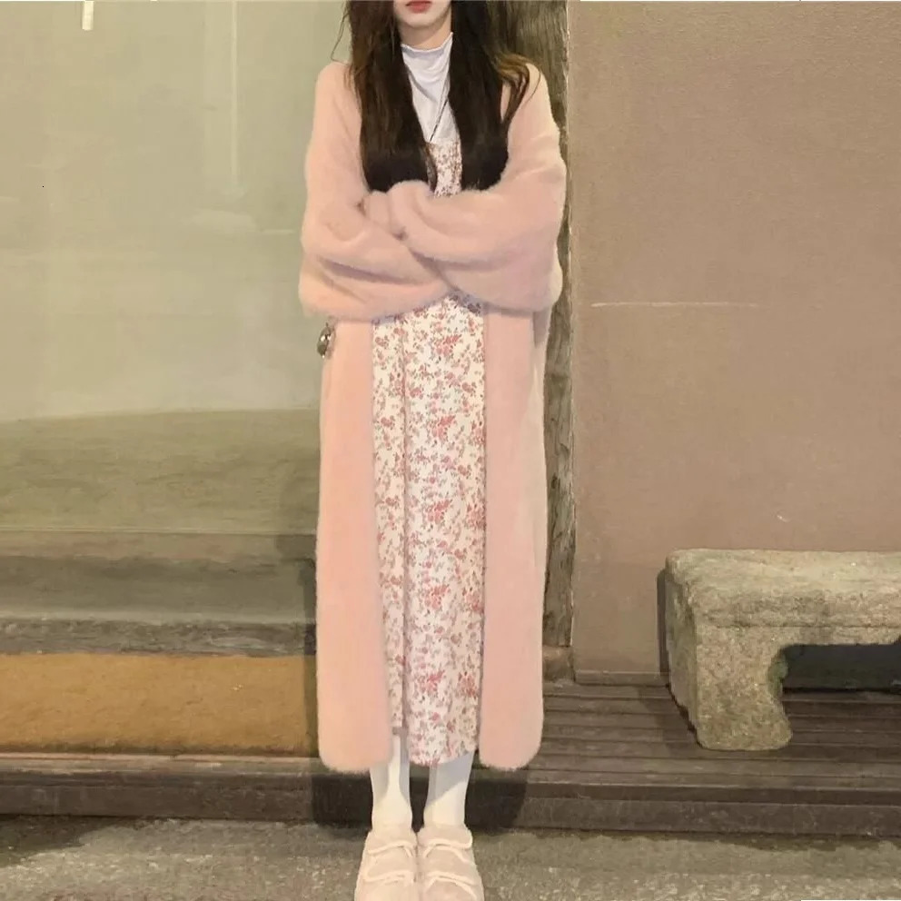 white Long Cardigan for women 2025 winter clothes Knitted fluffy long sleeve Cashmere sweater coat korean style warm vintage 250616