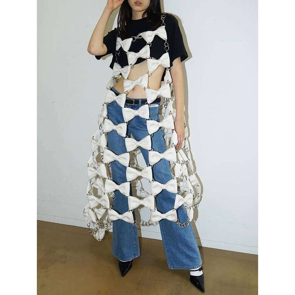 Designer Clothing 2025 Solid Hollow Out Chic Dresses For Women Camisole Sleeveless High Waist Patchwork Bowknot Minimalist Dress Female