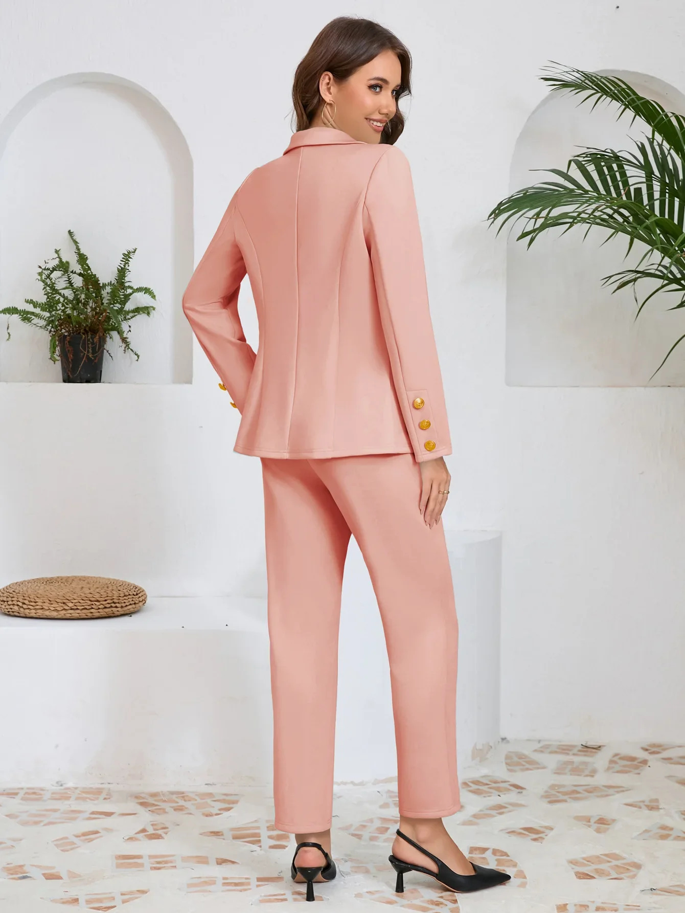 Womens Two-piece Suit Solid Color Double-breasted Small Suit Jacket Straight Trousers Suit Pant Suits Office Wear Women 250616