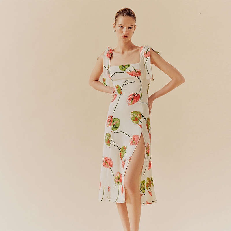 Summer Dresses for Women Women Designer Clothing 757 Summer New 2025 Printed Tie Artificial Silk Mid-length Split Square Neck Strap Dress French Style