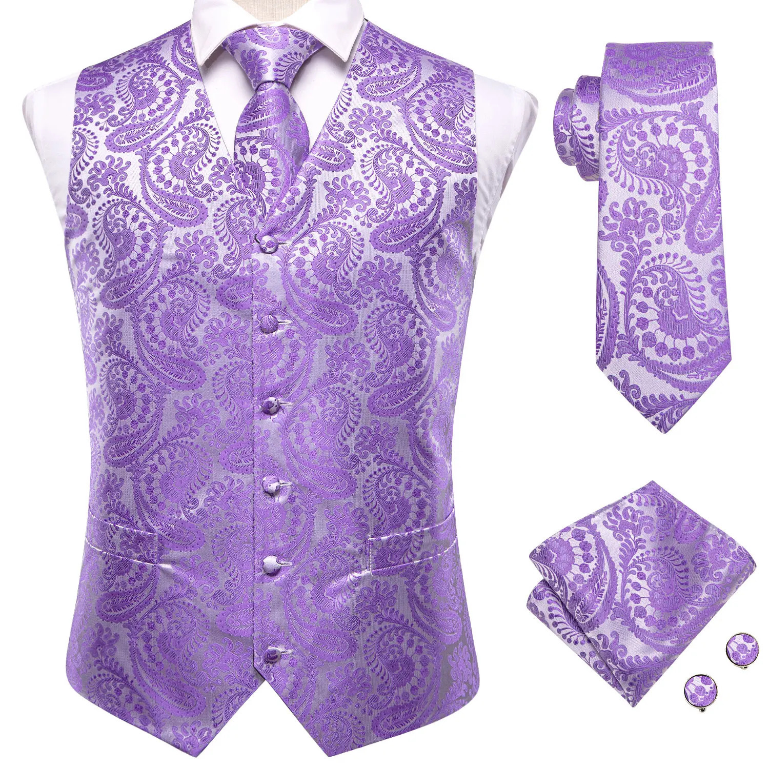 Lilac Lavender Purple Silk Mens Waistcoat Tie Set Sleeveless Jacket Suit Vest Necktie Hanky Cufflinks Wedding Business Oversized 250614