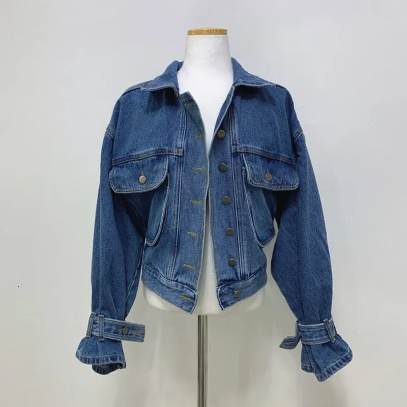 Cropped Oversized Denim Jacket Women Spring Autumn Outerwear Stylish Puff Sleeve Washed Blue Ladies Jeans Jackets Coat 250613