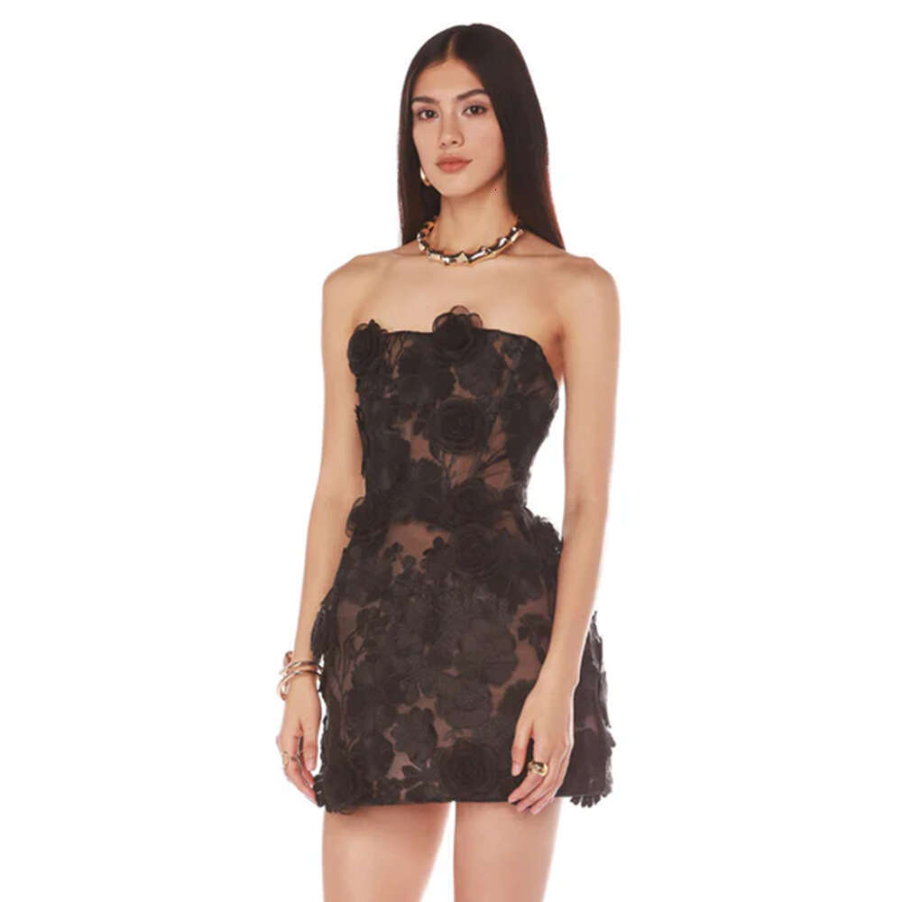 High-end Women's New Sexy Slim Fit Strapless with Floral Decoration A-line Dress for Banquet Evening Gown